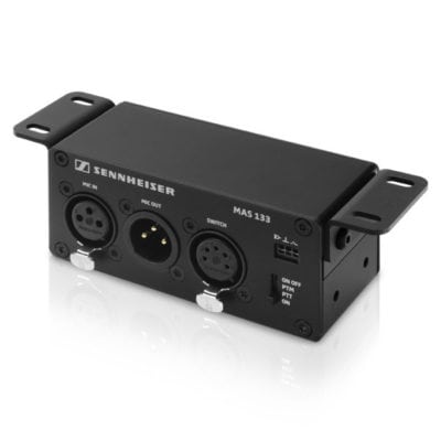 Audio control box with XLR inputs and switch for microphone management.