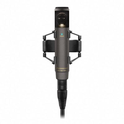 Professional RF condenser microphone with shock mount and adjustable directionality.
