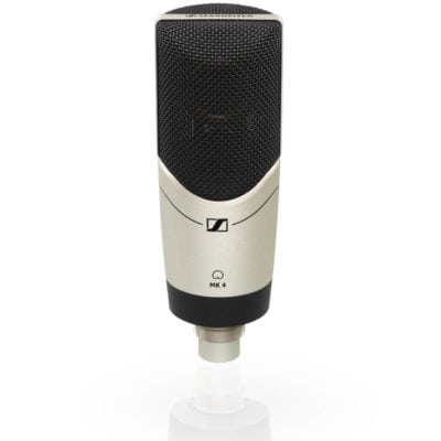 Professional large-diaphragm condenser microphone with stand hinge and case.