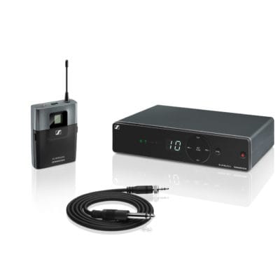 Wireless microphone system with receiver, transmitter, and cable for professional audio.