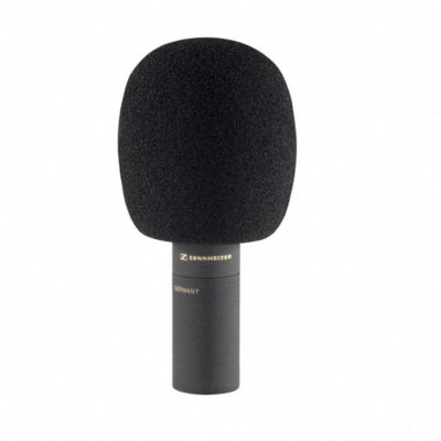 Professional Sennheiser microphone with windscreen for clear audio.