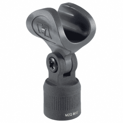 Black microphone clip with tripod thread for MKHC 80xx microphones.