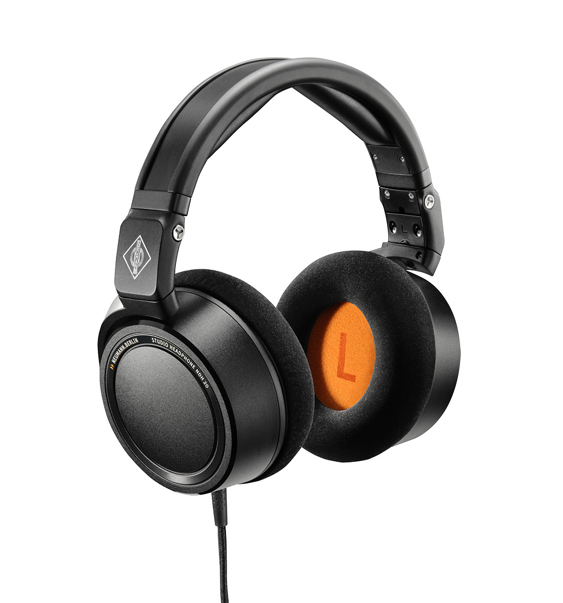 Closed-back studio headphone, black, with silver and orange trim. Includes (1) NDH 20 Black Edition, (1) Straight cable, (1) Coiled cable, (1) 6.3 mm (1/4Ó) adapter and (1) Cloth pouch