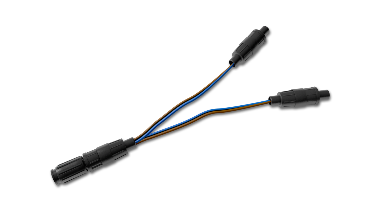 Optional Y-cable, splits power 1 into 2