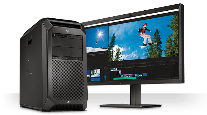 High-performance desktop computer with dual monitors for professional video editing.