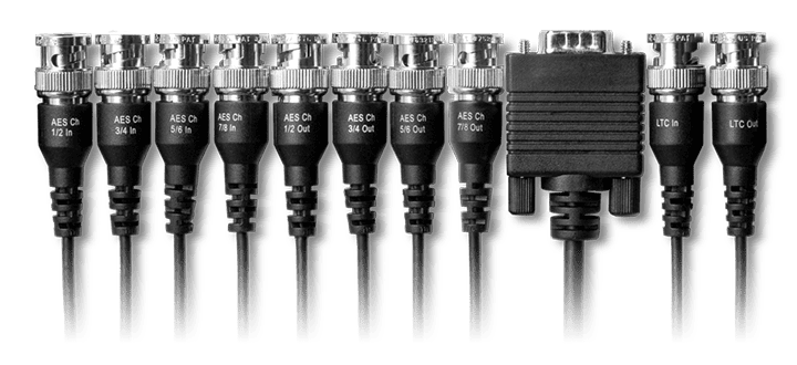 Multiple AES/EBU audio connectors with a black box in the center.