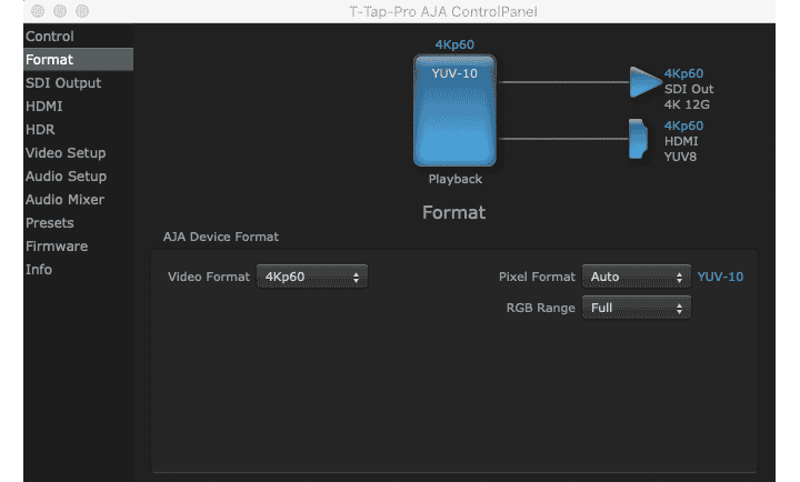 AJA Control Panel interface showing 4Kp60 format and playback settings.