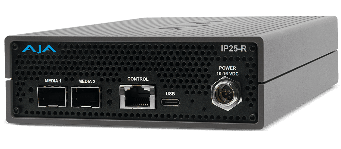 AJA IP to HDMI and SDI converter with multiple ports for media and control.