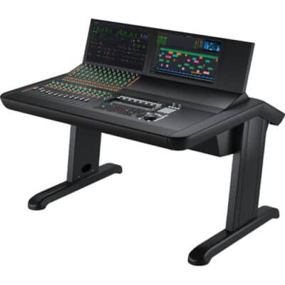 Professional digital audio mixing console with touchscreen displays and controls.