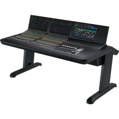 Professional digital audio mixing console with multiple controls and screens.
