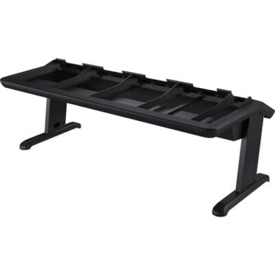 Black adjustable standing desk converter with multiple height settings.