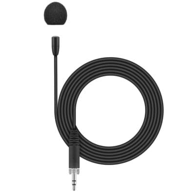 Lavalier microphone (omnidirectional, pre-polarized condenser) with 1.6m cable for XS Wireless and evolution wireless, black. Includes (1) MKE Essential omni-black with 3.5mm jack, (1) MZQ 02 microphone clamp and (1) SL MZW 1 foam windscreen
