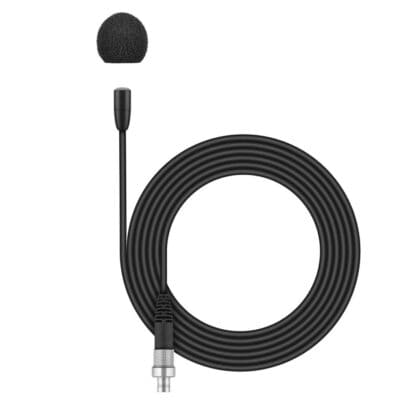 Lavalier microphone (omnidirectional, pre-polarized condenser) with 1.6m cable for 2000, 5000, 6000 and 9000 Series, black. Includes (1) MKE Essential omni-black with 3-Pin connector, (1) MZQ 02 microphone clamp and (1) SL MZW 1 foam windscreen