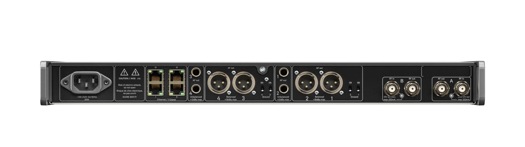 4 channel digital full-rack (19“) receiver with Dante® Includes (1) EW-DX EM 4 DANTE, (2) 1/4 wave antennas, (2) BNC antenna cables (50 Ω for daisy-chaining) and (1) mains cable, frequency range: R1-9 (520 - 607.8 MHz) - Image 2