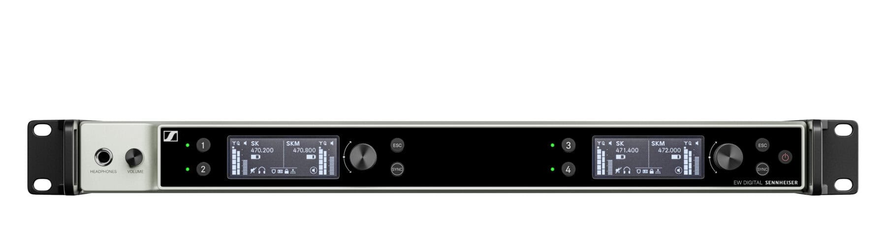4 channel digital full-rack (19“) receiver with Dante® Includes (1) EW-DX EM 4 DANTE, (2) 1/4 wave antennas, (2) BNC antenna cables (50 Ω for daisy-chaining) and (1) mains cable, frequency range: R1-9 (520 - 607.8 MHz)