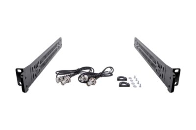 Antenna front mounting kit for 19“ Sennheiser wireless rack units. Includes (2) Rack brackets, (2) RF Patch cables, (2) BNC connector holders and (4) Washers and screws
