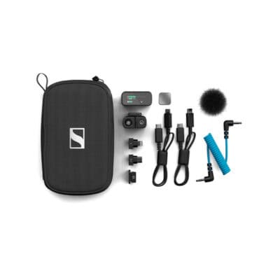 1-channel all-in-one wireless microphone system featuring one clip-on mic transmitter, receiver and accessories